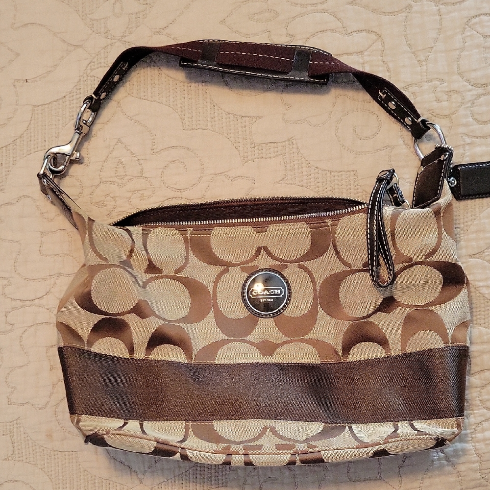 Coach Brown and Tan Signature Shoulder Bag